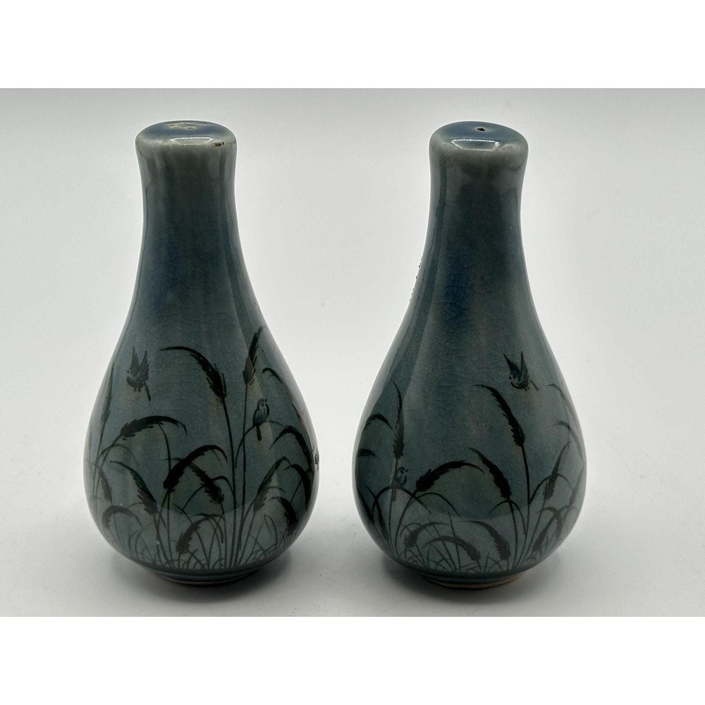 Vintage Blue Botanical Vase-Shaped Salt & Pepper Shakers Artist Signed